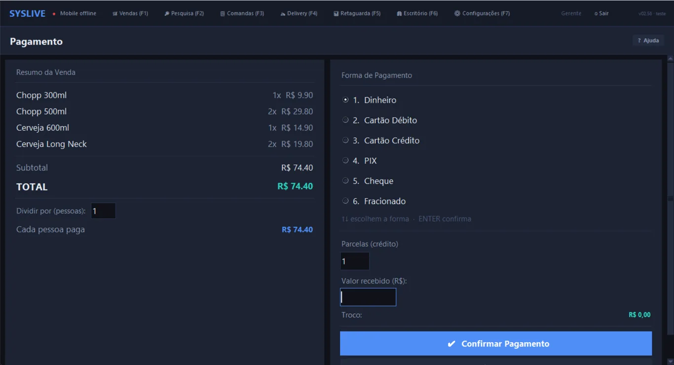 Pagamento do SYSLIVE PDV